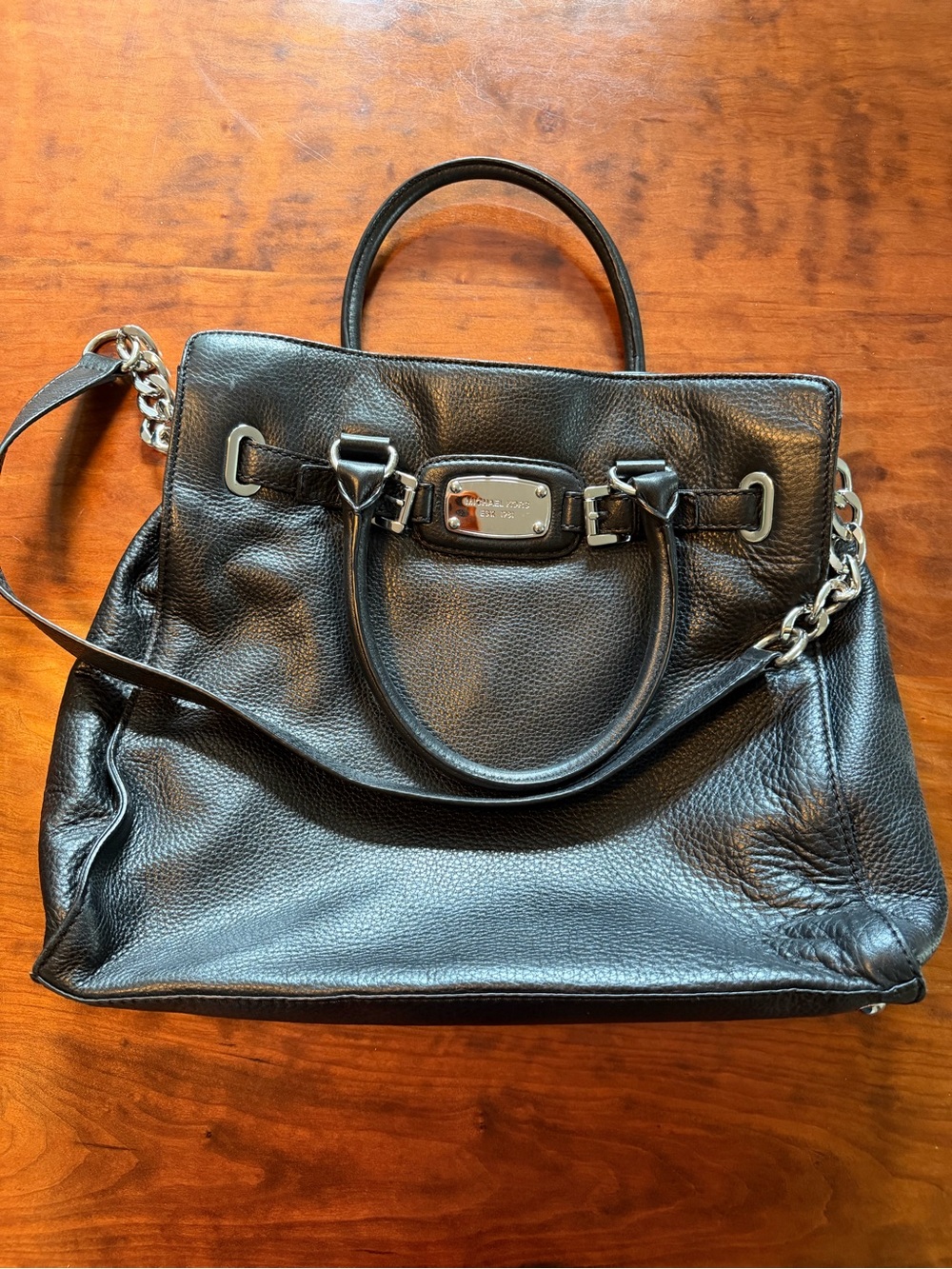 Michael Kors Black Leather Satchel with Silver Chain Accent
